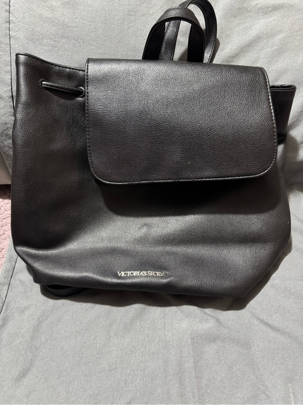 Victoria's Secret Black faux Leather drawstring closure Backpack